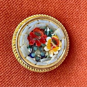 Micro Italian Mosaic Brooch. Gold plated. 1”. Very good condition.  Vintage.